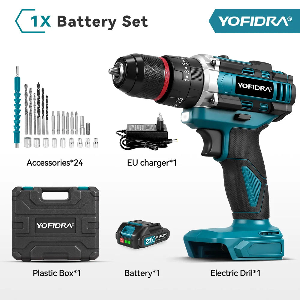 YOFIDRA 3 IN 1 25+3 Torque Electric Impact Drill  Handheld Cordless Impact Drill Woodworking Power Tool For Makita Battery Pin