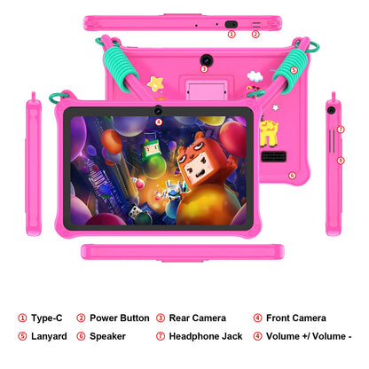 PRITOM Kids Tablet 7 inch Android 13 4GB (2+2 expandable) RAM 32GB ROM WiFi Bluetooth Learning Software Installed with Lanyard