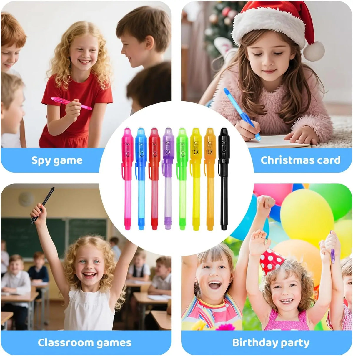 Invisible Ink Pens with UV Light,8 Colors Glow ,Secret Message Writing Detective Party Favors, Birthday Christmas
