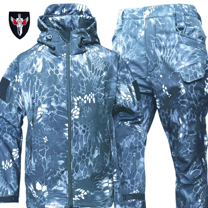 New Men's Winter Jacket Tactical  Sets Fleeced Sharkskin Windproof Waterproof Padding Suits Paintball Uniform Pockets Camo