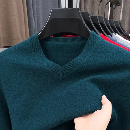 Men's V-Neck Basic Solid Color Sweatshirt Warm Autumn Knitted Oversize Pullover Elastic round Neck Sweater for Casual Wear