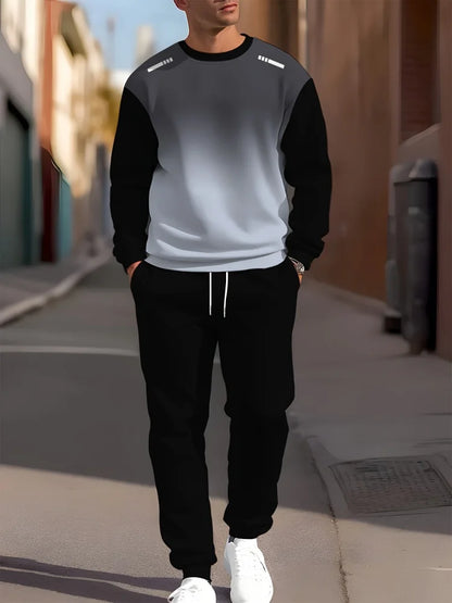 Autumn Casual Men's Long-Sleeve Set Trendy Gradient Print Outdoor Crew Neck Long-Sleeve Top & Casual Pants Two-Piece Set