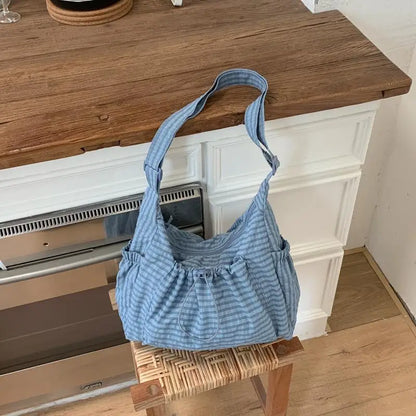 Korean Nylon Shoulder Bag Fashion Simple Plaid Zipper Tote Bag Drawstring Pleated Cloud Bag New Commuter Crossbody Shoulder Bag
