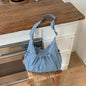 Korean Nylon Shoulder Bag Fashion Simple Plaid Zipper Tote Bag Drawstring Pleated Cloud Bag New Commuter Crossbody Shoulder Bag