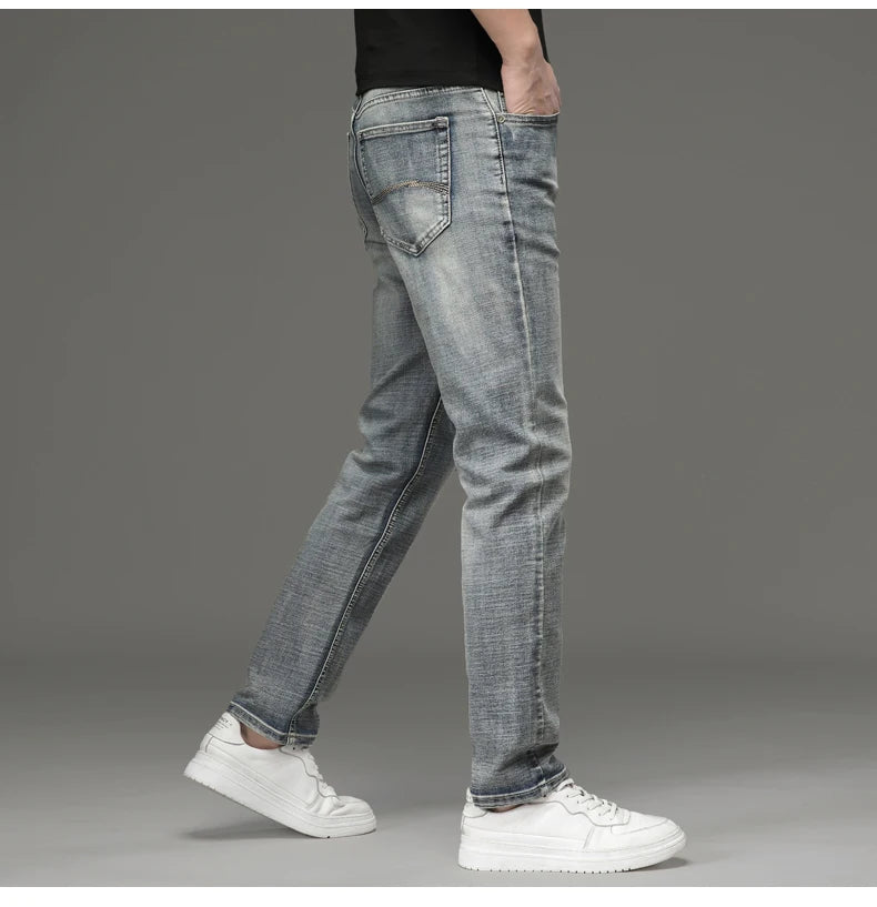High-end Light Luxury Brand Jeans Men's Retro Slim Fit Straight Versatile Casual Gray Trousers Autumn and Winter Thick Jeans