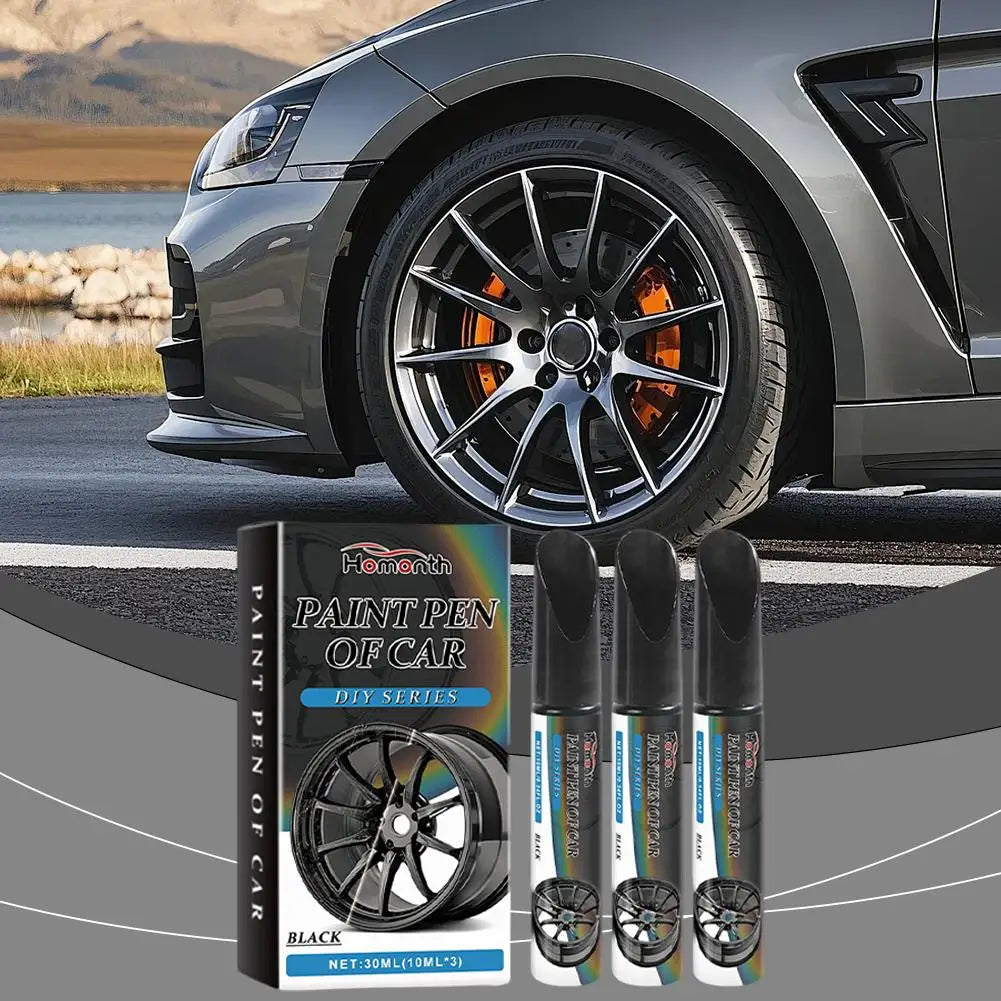 3pcs Black Alloy Wheel Scratch Repair Pen Set Professional Car Rim Scuff Remover DIY Touch-Up Paint Kit for Gloss Black Wheels