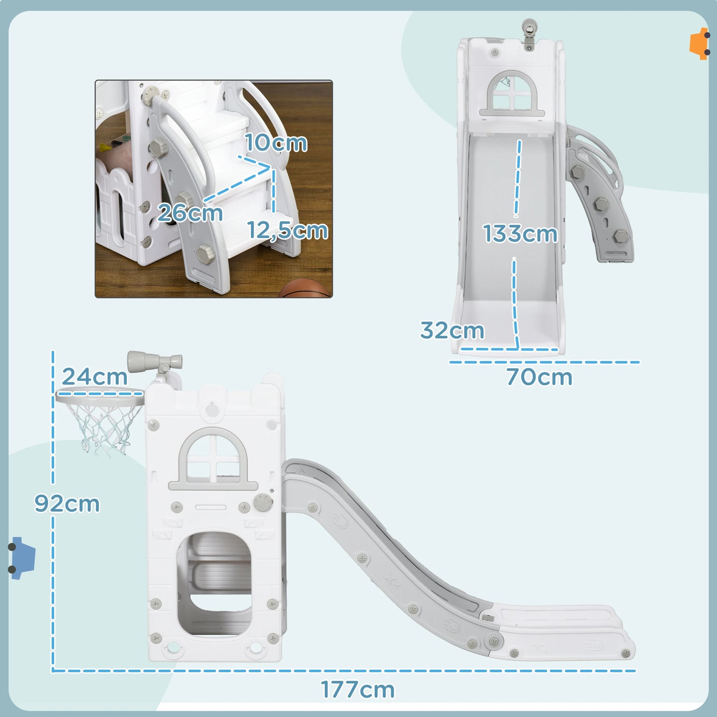 5-in-1 children’s slide, toddler slide with basketball hoop, gray telescopic play gym 70x177x92 cm