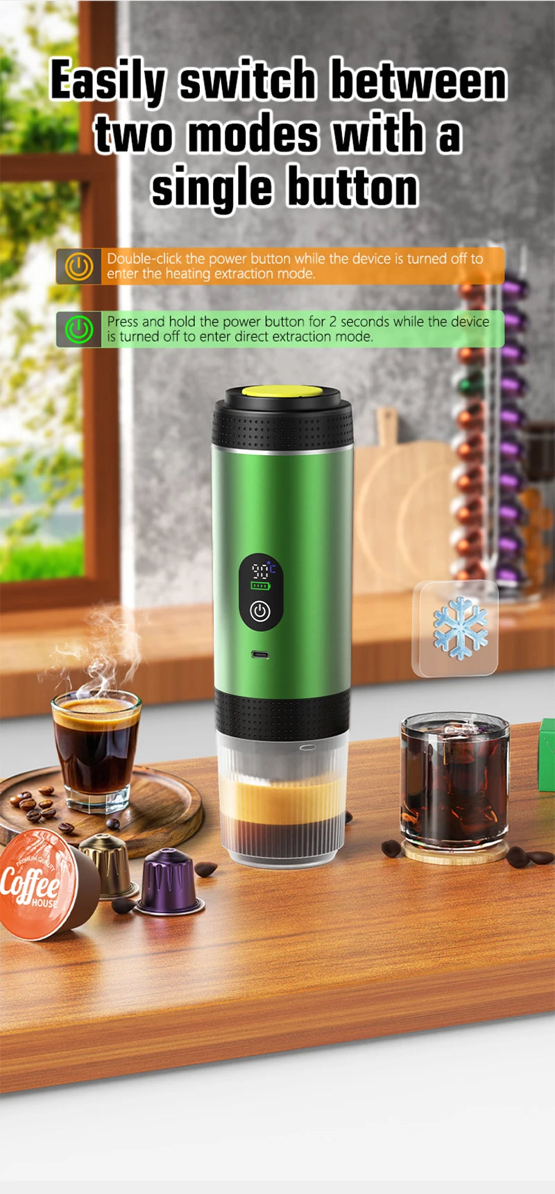 DENOKIN 3-in-1 Capsule Coffee Maker With Digital Display Portable Espresso Coffee Machine for Car & Home Camping Coffee Maker