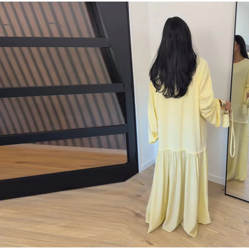 2026 Summer New Loose Patchwork Dresses Women's Pleated Fashion Short Sleeve O-neck Long Robes Female Elegant Casual Dress
