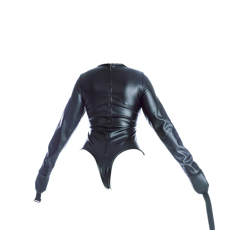 Leather Long Sleeve Bodysuit Straight Jacket with Crotch Strap,SM Game Bondage Armbinder Harness,Slave Role Costume BDSM Sex toy