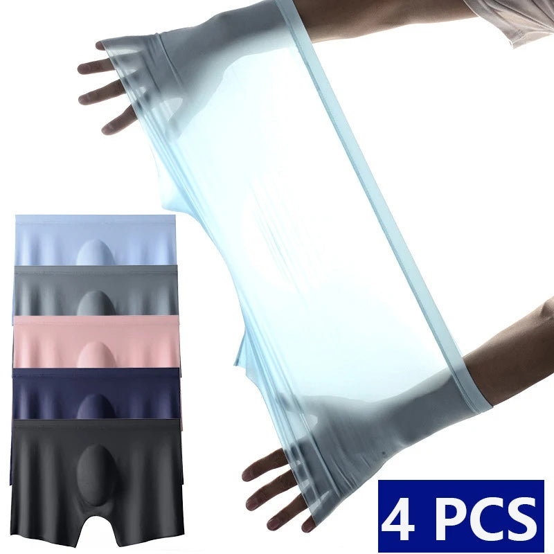 4PCS Men's Ice Silk Ultra-thin Seamless Shorts Sexy Lingerie Solid Breathable Boxers Briefs Men Underpants