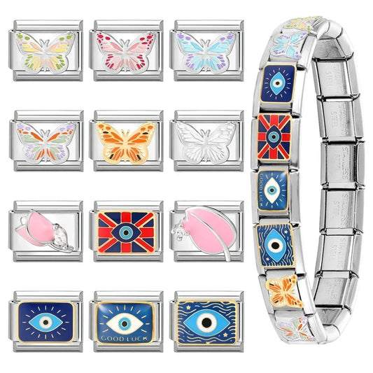 Fashion Drip Glaze Blue Eyes Colorful Butterfly Italian Charm Links Fit 9mm Stainless Steel Bracelet Jewelry DIY Making Beads