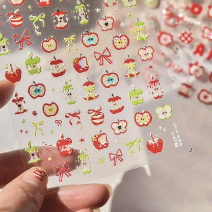 Lovely Red Fruit Strawberry Cherry Bowknot Love Heart Star Silk Ribbon 5D Nail Art Stickers Chic Self Adhesive Manicure Decal