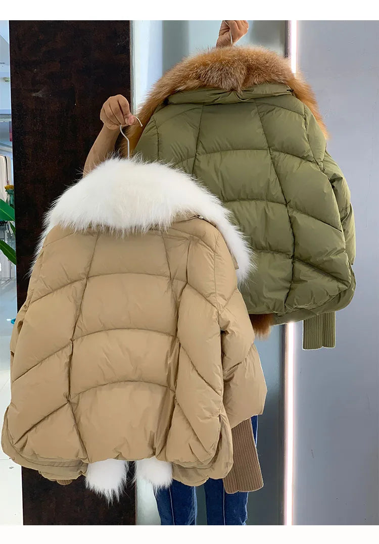 2024 Winter Women Warm Coat Oversized Real Fox Fur Collar Thick Luxury Outerwear New Fashion 90% Goose Down Jacket