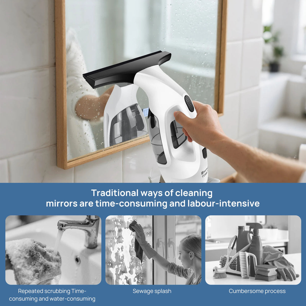 Cordless Window Vac Cleaner & Spray Bottle for Windows, Tiles, Mirrors & Shower Streak-Free Cleaning
