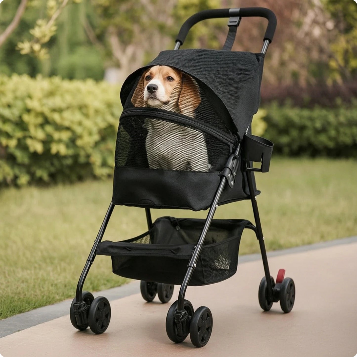 Pet Stroller with Cup Holder Collapsible Pet Stroller with Storage Basket Compact Portable for Small Dogs, Outdoor Walks, Travel