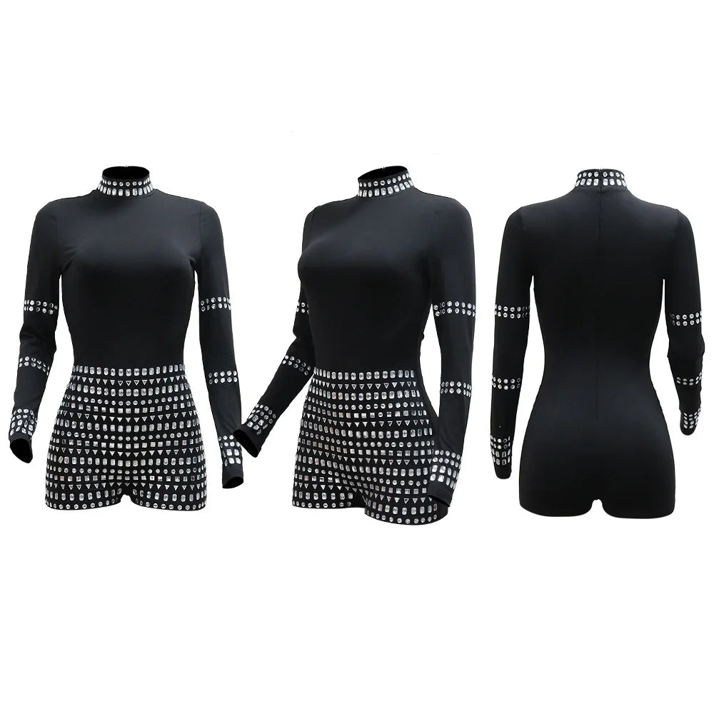 Leosoxs Women Diamonds Hot Rhinestones Long Sleeve Short Jumpsuits 2024 Summer Sexy Party Club One Piece Suit Rompers Playsuits