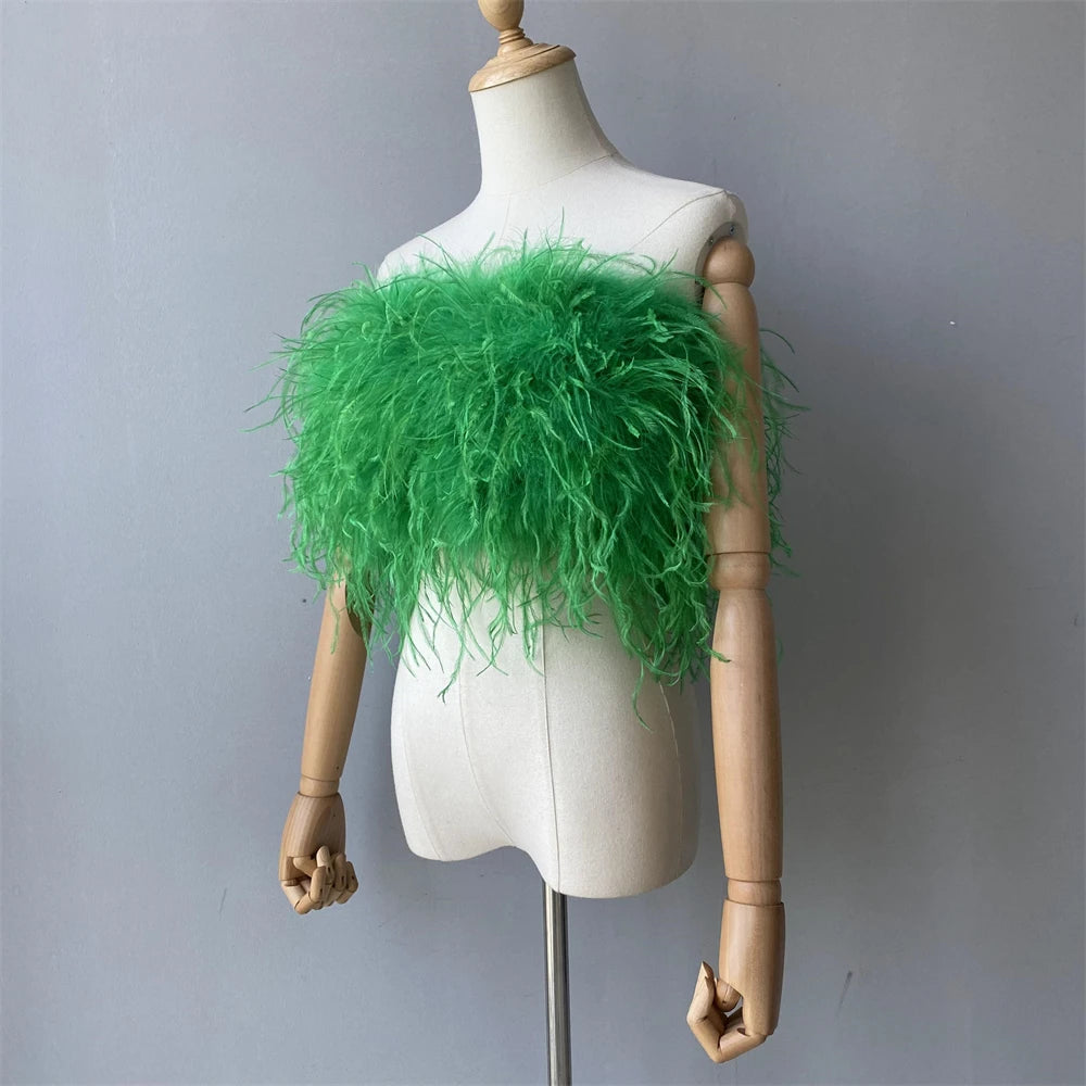 Jaxmonoy New Women Ostrich Feather Tube Spring Summer Sexy Stretch Top Bra Lady Party Wedding Fashion Sleeveless Cropped Top