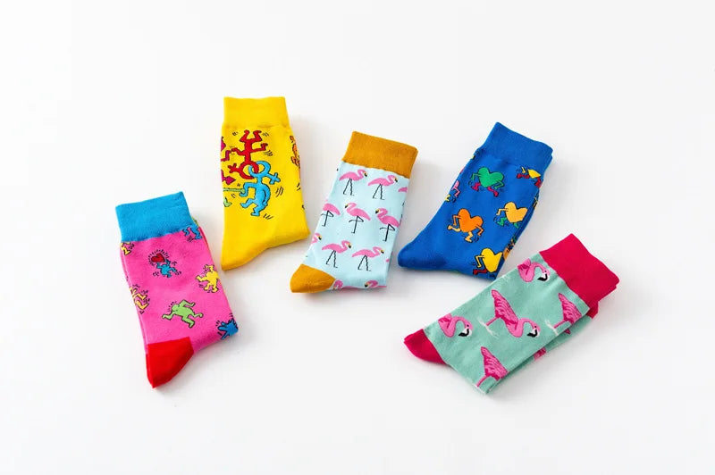 1Pair 35-44 Men Casual Cotton Sock Harajuku Cartoon Flamingo Loving Heart Cute Funny Character Japanese Socks