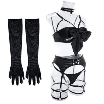 sexy lingerie set Bow bra Black Temptation Bra Set Belt Hollowed Out Gathering Four Piece underwear women Set Erotic Sleepwear