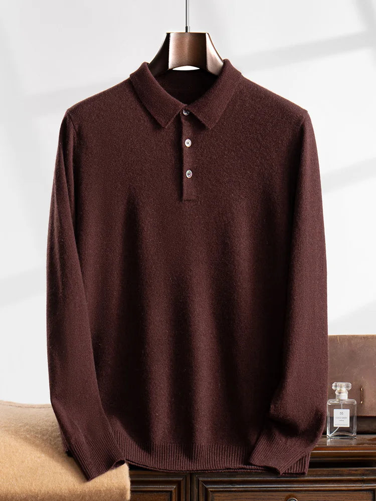 ANGEL 2024 Men's New POLO Shirt 100% Cashmere Knitted Pullover Solid Color Sweater Fall Winter Casual Business Office Jacket