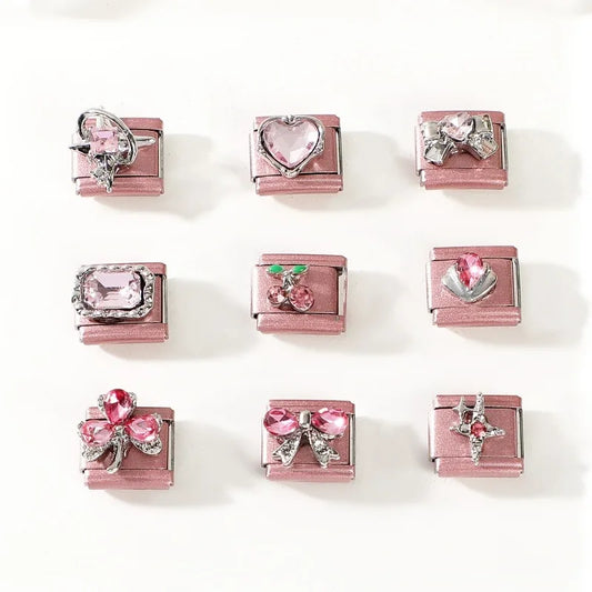 2025 New Women Romantic Pink Cherry Heart Shiny CZ Italian Charm Links Fit 9mm Bracelet Stainless Steel DIY Making Jewelry Gifts