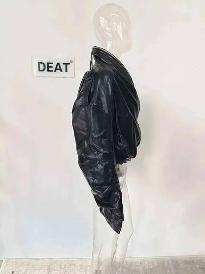 DEAT 2026 Summer New Item Fashion Double Zipper PU Leather Quilted Jacket For Women High Street Black Loose Coat Female 11A01245