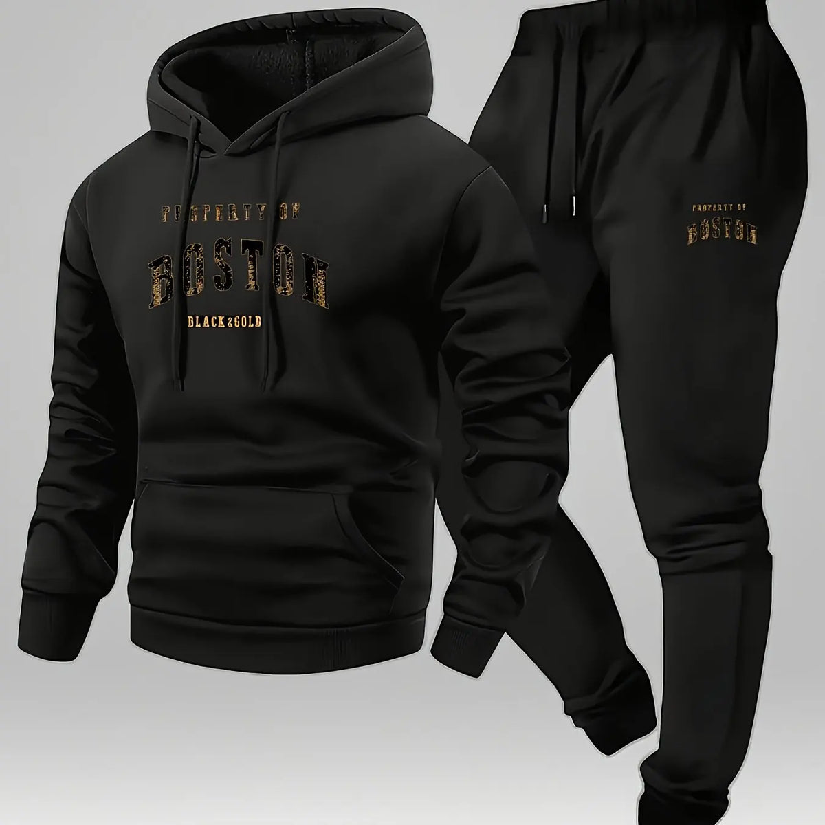 Men's Boston print hooded sweatshirt and sweatpants soft and comfortable thin velvet warm sweatpants set autumn and winter