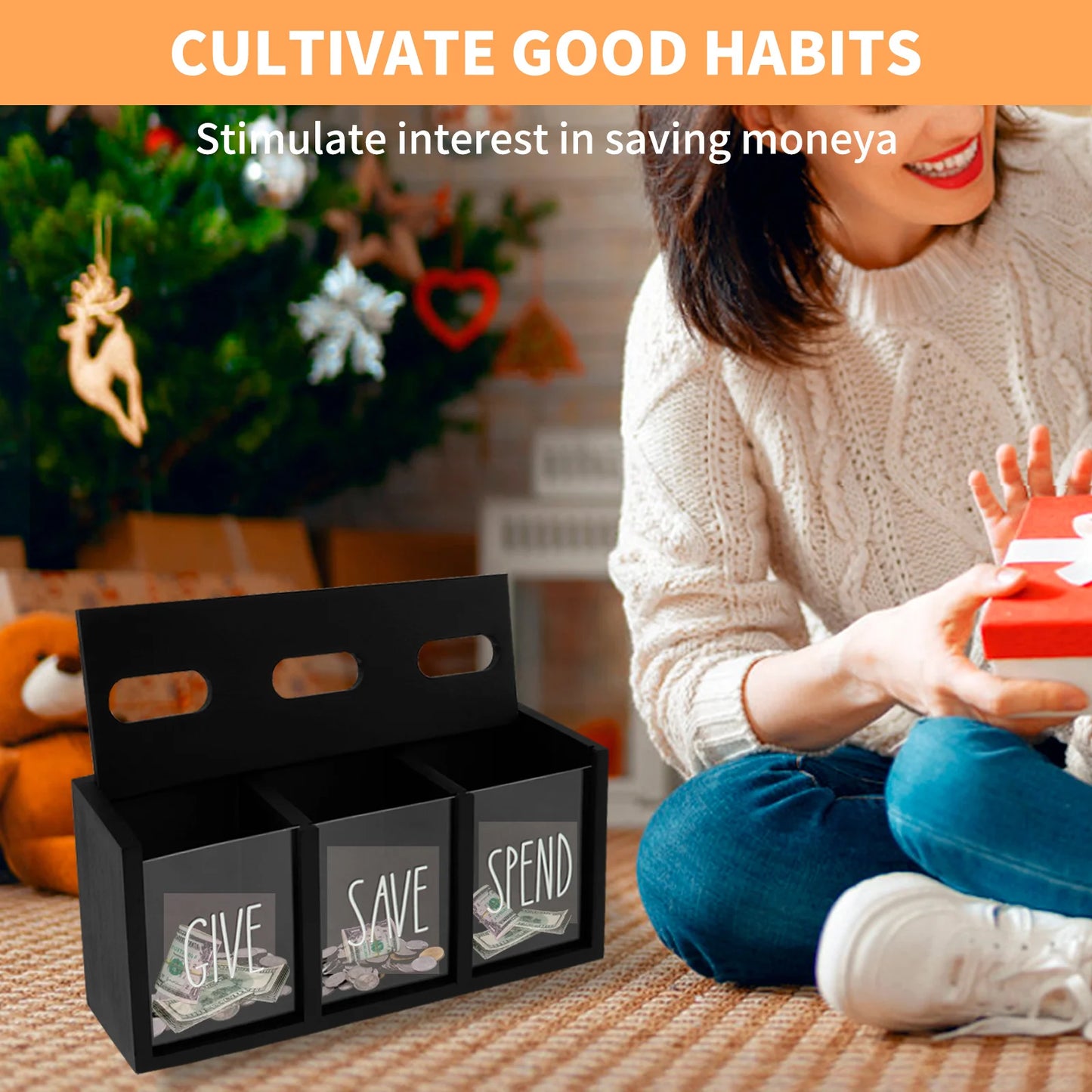 3 Grids Wall-mounted Save Spend Bank Visualized Money Saving Box Wooden Piggy Bank Give Save Spend Money Boxes for Kids Adults