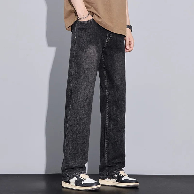 New Arrival American Vintage Wide Leg Elastic Denim Pants for Men Loose Straight Fit Flowy Versatile Casual Pants