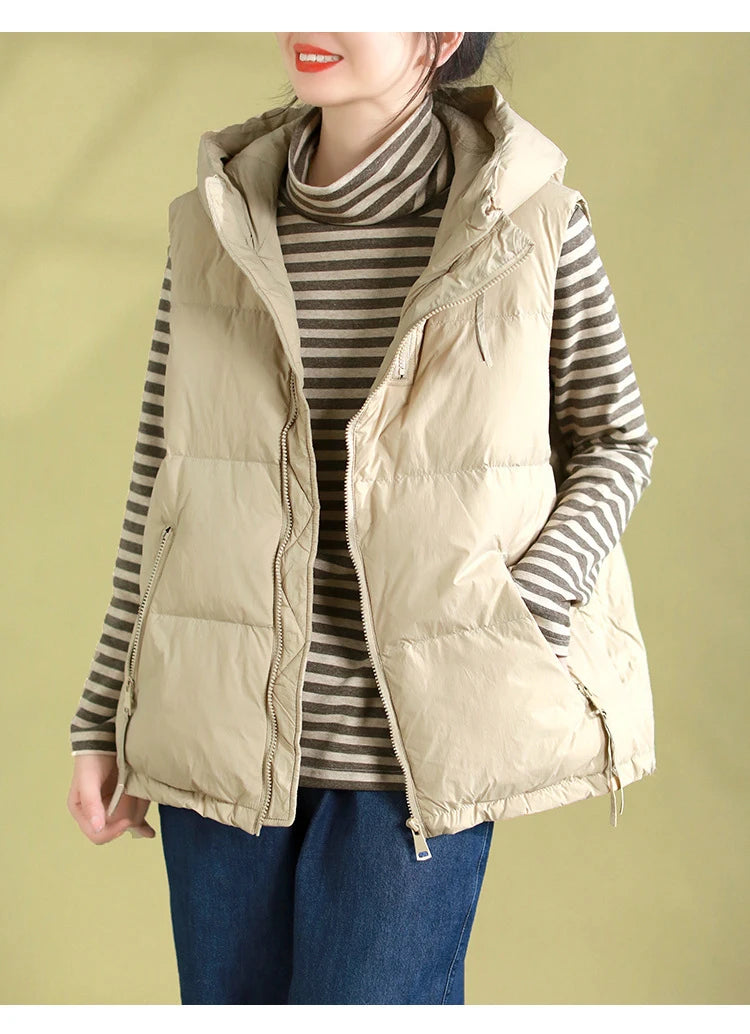 Schinteon Women 90% White Duck Down Vest with Hood Autumn Winter Over Size Casual Sleeveless Jacket Top Fashionable Gilet 2026