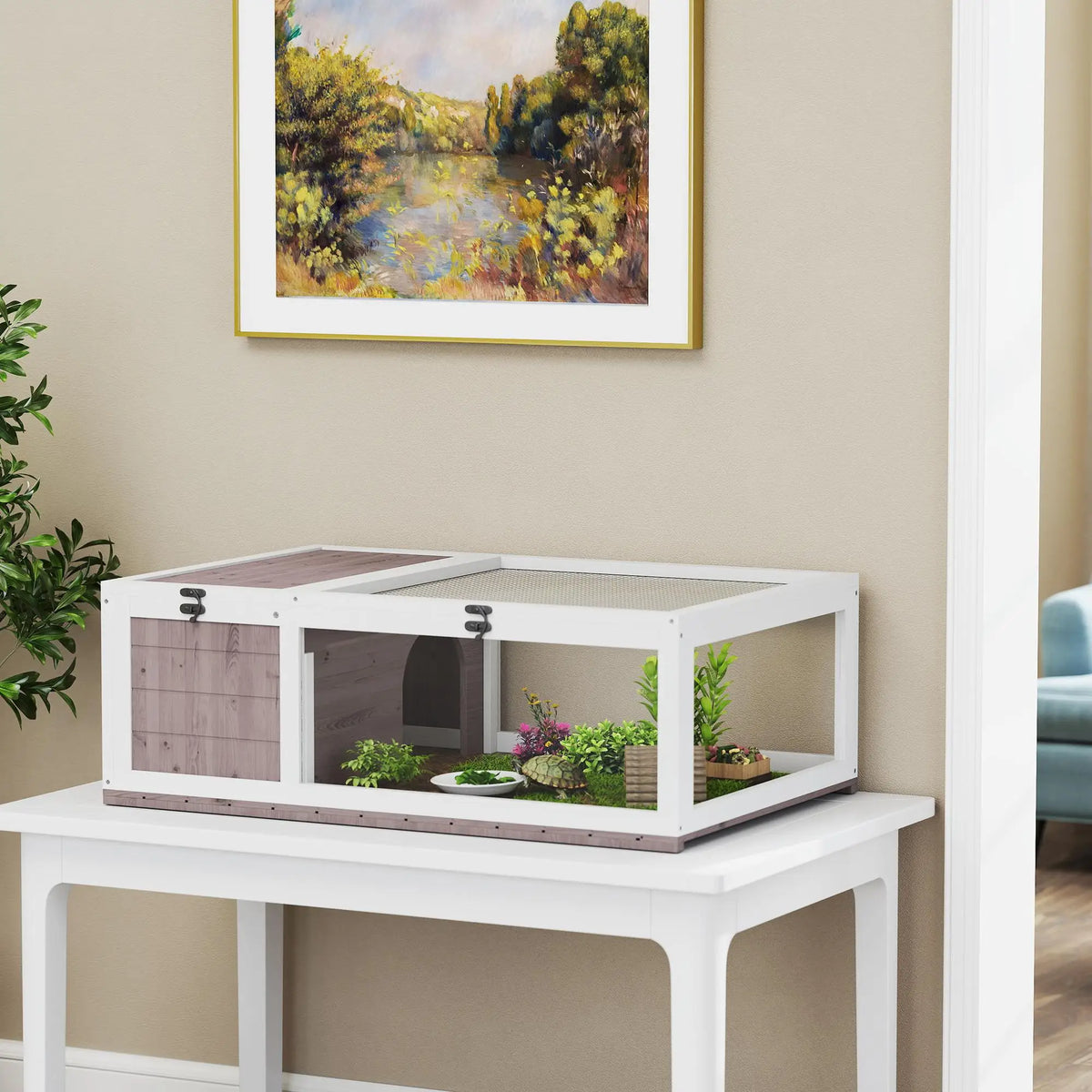 Turtle enclosure 91x60.5x32cm spruce with roof, 2 Zones & folding side walls for reptiles inside