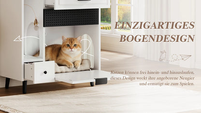 Multifunctional Cat Storage Cabinet with Stable Construction, Adjustable Shelves, Drawers, and Cat Bed Area – Cozy Activity Space for Cats, Pet Furniture with Arch Openings
