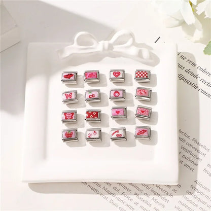 Wholesale Sweet Pink Series Stars Heart Flowers Butterfly Italian Link Fit 9mm Stainless Steel Bracelet Making DIY Charm Jewelry