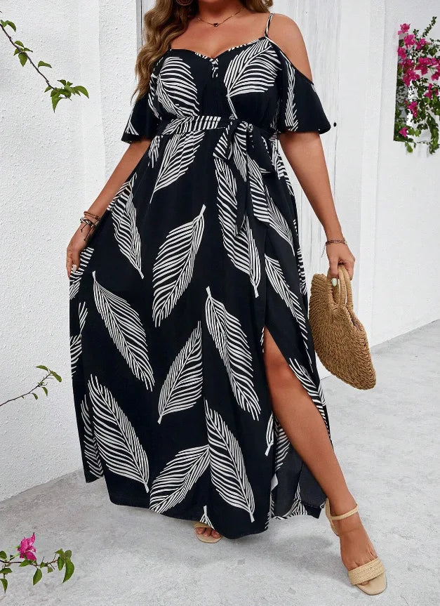 Plus Size Large Size Fashion Floral Print Women's Strap Dress Comfortable Casual Long Skirt Polyester Fabric Commute Style Th...