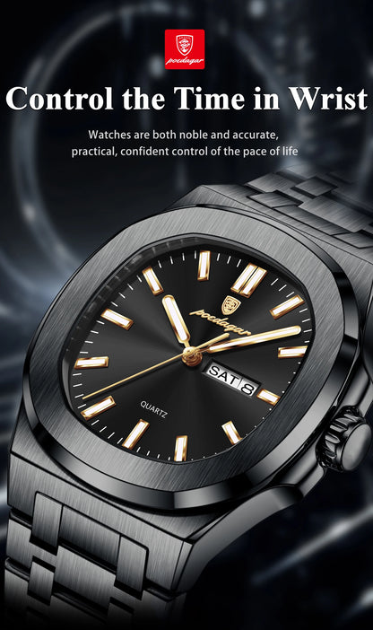 POEDAGAR Luxury Square Men's Watches Waterproof Luminous Date Week Men Watch Stainless Steel Fashion Quartz Man Wristwatch Reloj