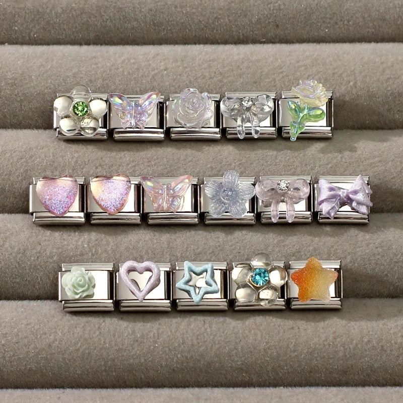 Fashion Heart Bow Knot Butterfly Star Rose Flowers Italian Charm Links Fit 9mm Stainless Steel Bracelet Women DIY Making Gift