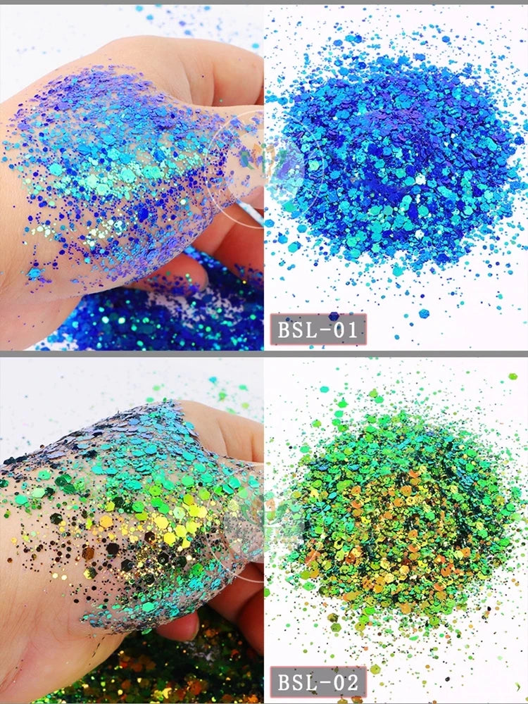 5g/BagGlitter Chameleon Nail Flakes Iridescent Chameleon Nail Powder Holographic Laser Colorful Nail Sequins 120 Colors Mix Size