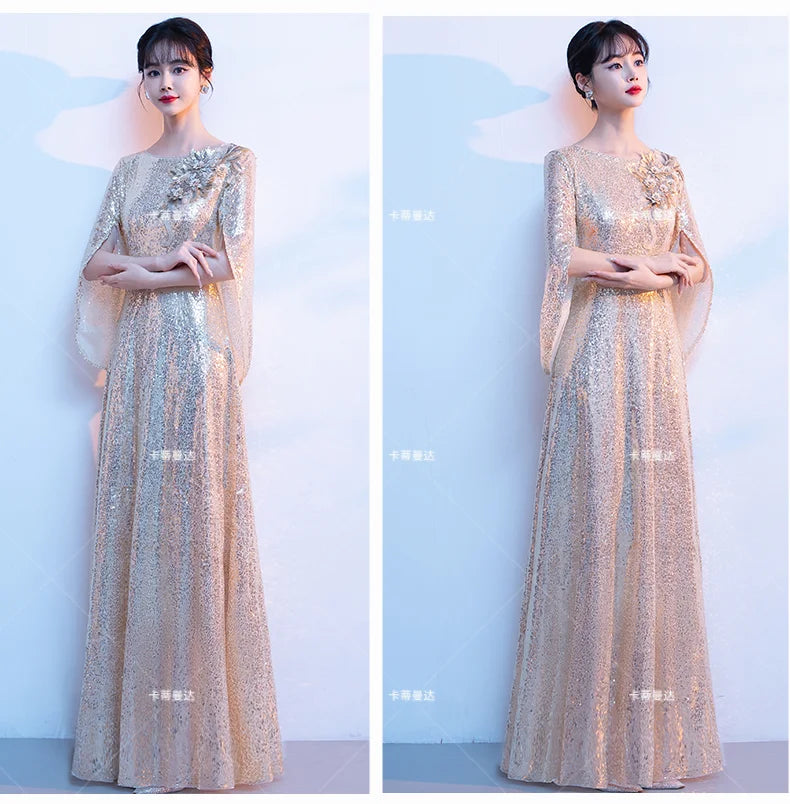 Wine Red Bride's Toast Dress, Women's 2025 New Style Spring Wedding and Engagement Dress, Sequined, Elegant and Grand Evening Dr