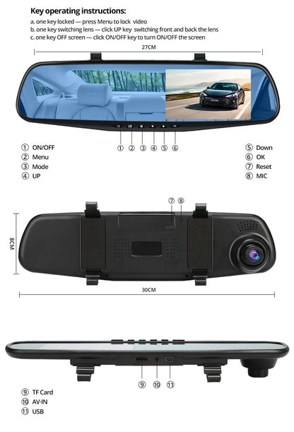 4.3 Inch 1080P Night Vision Camera Dual Lens DVR  Rearview Mirror Dashcam Car Dvr Dash Camera Car Video Recorder Auto Bluck Box