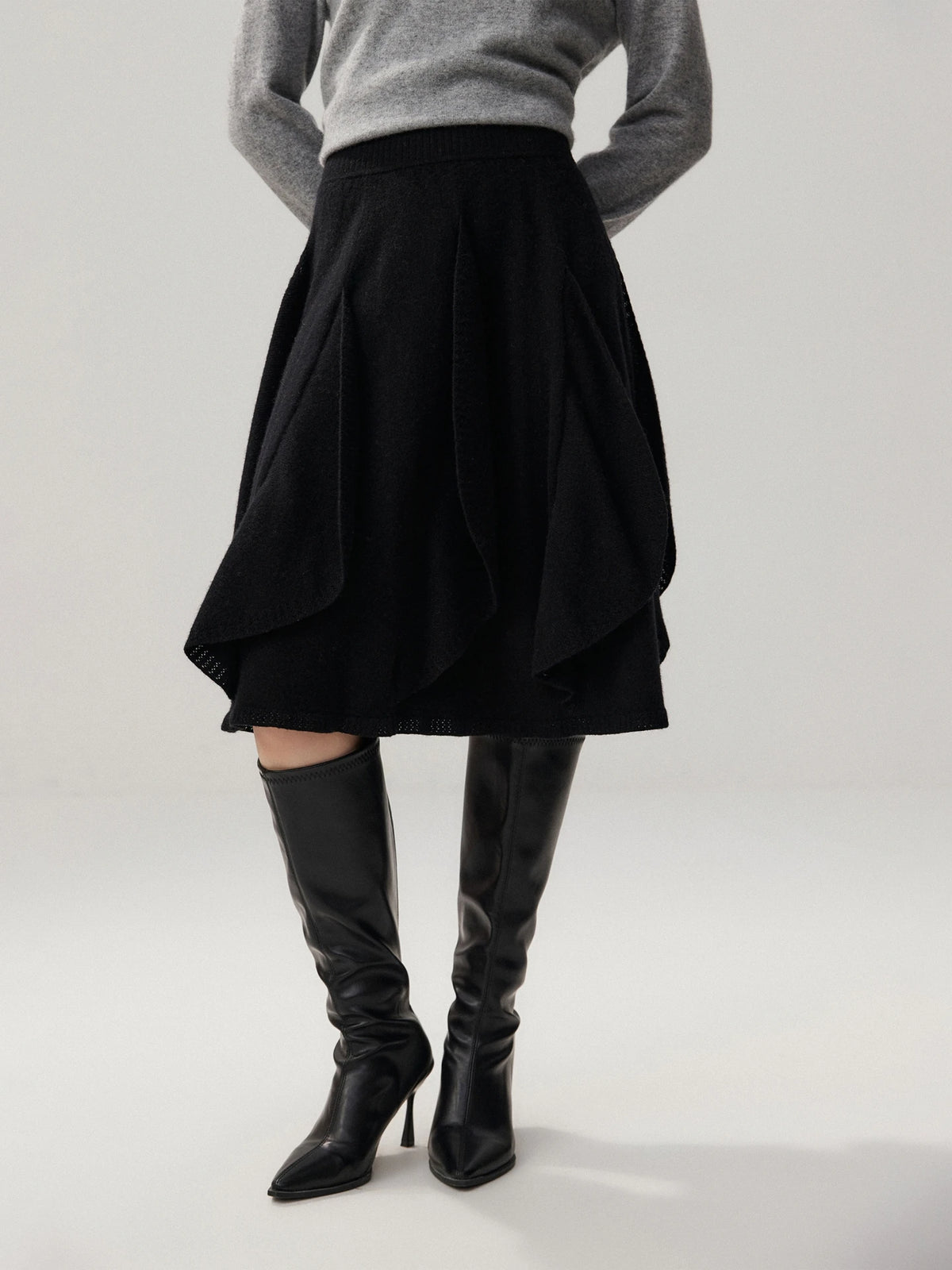 French 100% Pure Cashmere Skirt Ruffle Irregular A-line Soild Midi Sirt Autumn Winter Women Elegant Pleated  Knit Dress Fashion