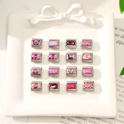 Wholesale Sweet Pink Series Stars Heart Flowers Butterfly Italian Link Fit 9mm Stainless Steel Bracelet Making DIY Charm Jewelry