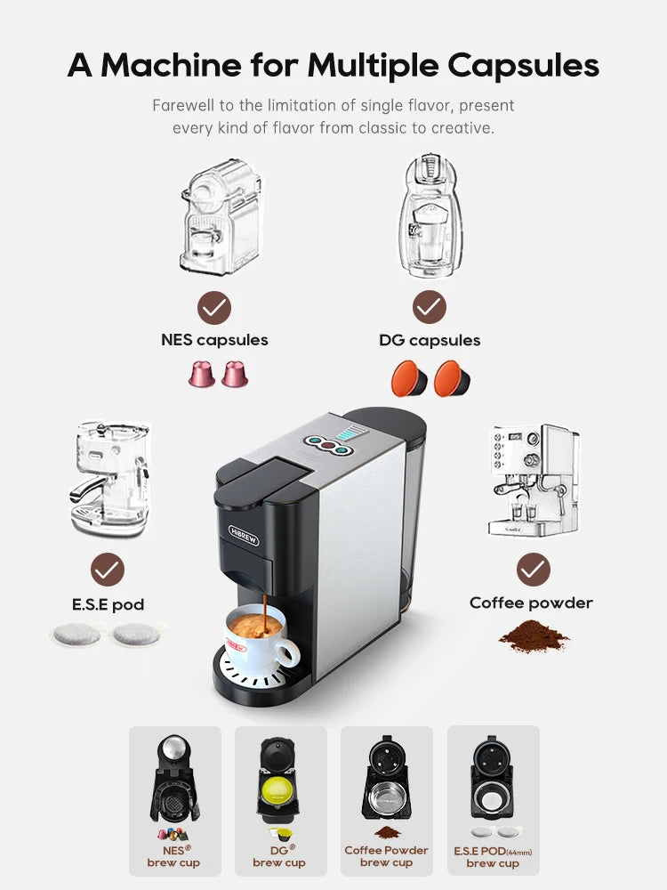 HiBREW Coffee Machine 4in1 Multiple Capsule Espresso Dolce Milk Nes ESE Pod Powder Coffee Maker Stainless Metal H3D