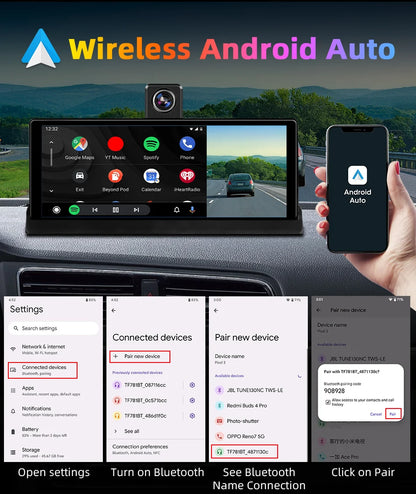 Srnubi 10.26 inch 4K ADAS Car DVR with 360° Rotation Dash Cam Wireless Carplay Android Auto Mirror Link BT WIFI AUX FM Dashboard