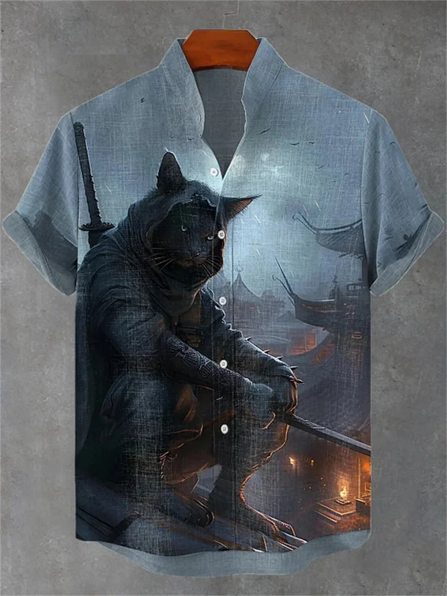 Men's short-sleeved shirt with cat and dinosaur print, casual and stylish vacation-style men's top, fashionable Hawaiian design.