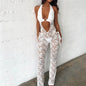 Hirigin Women’s Hollow Lace Tight Jumpsuit Hanging Neck Sleeveless Showing Navel Long Pants Solid Color Bodysuit for Summer