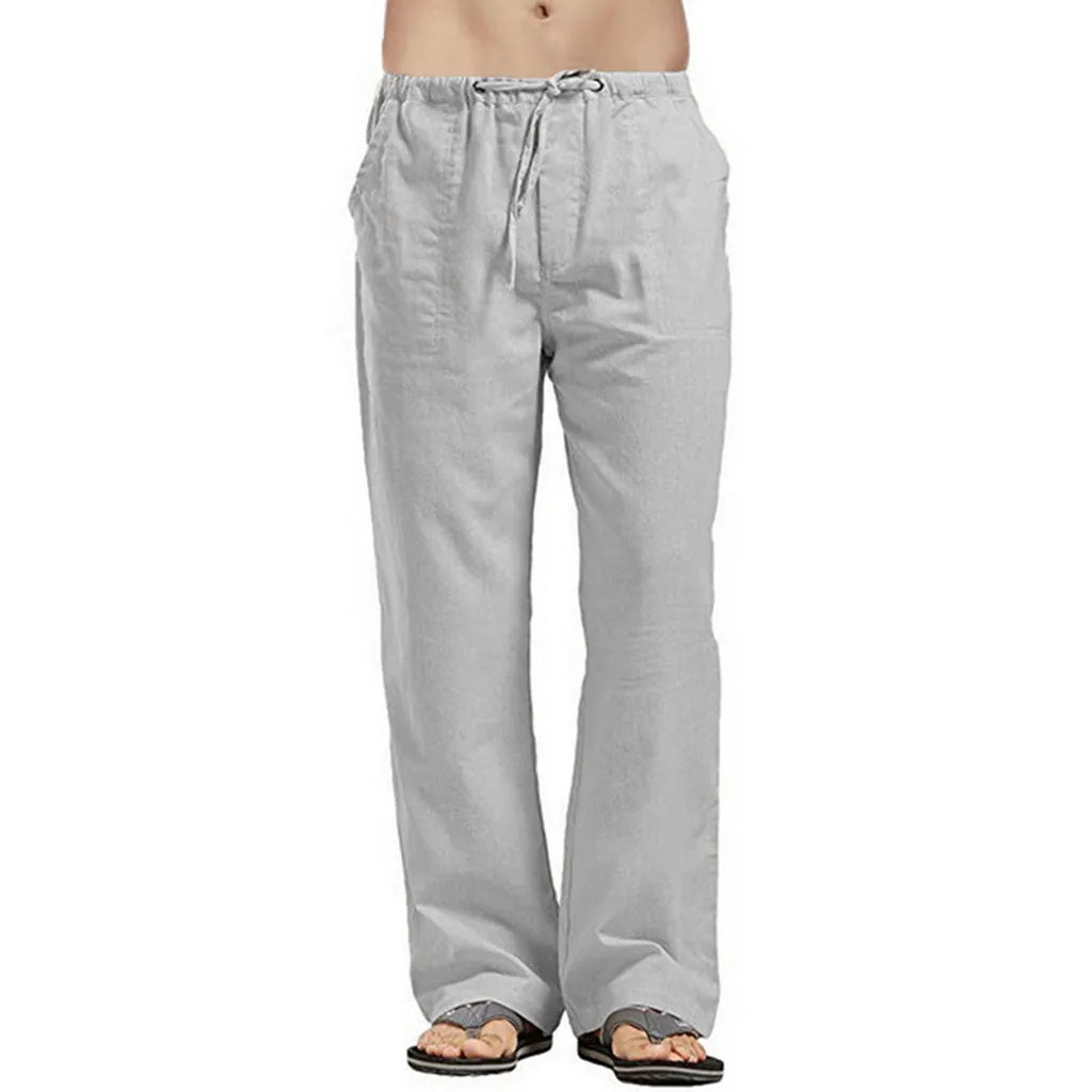 Men's Cotton Linen Pants Summer Solid Color Breathable Linen Trousers Male Casual Elastic Waist Fitness Pants Hip-Hop Streetwear