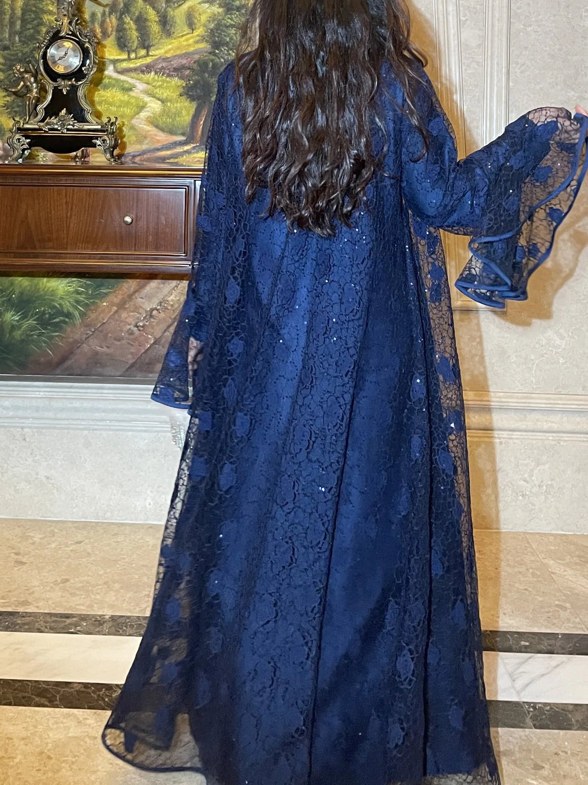 Muslim Women Abaya Dress 2 Piece Set Flare Sleeve Lace Sequin Satin Morocco Caftan Dress Musulman Ensembles Cadigan Outfit Suits
