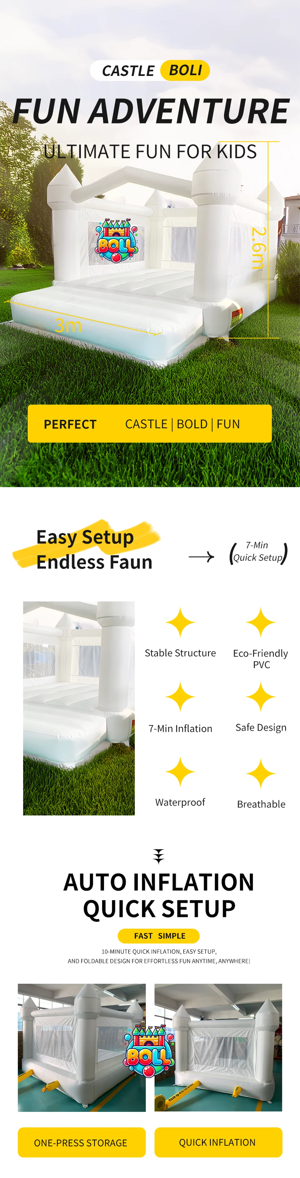 4*3*2.6M White Bounce House For Kids Bouncy House White For Children Inflatable Jumping Castle With Blower Slide 5-8 Kids