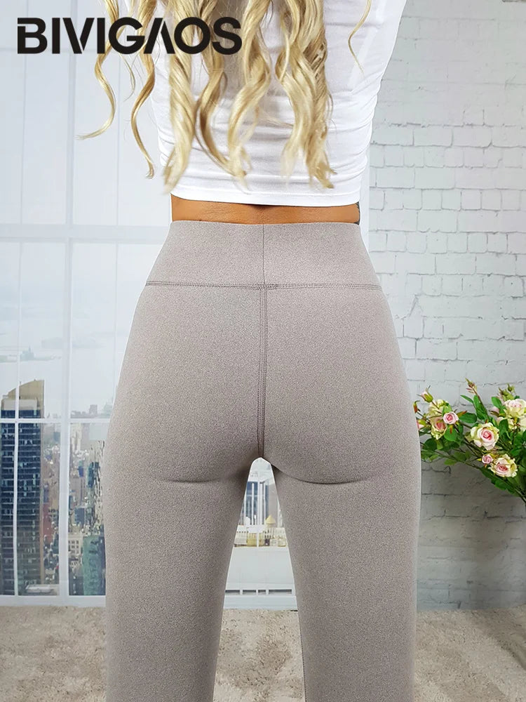 BIVIGAOS Women's Autumn Winter High Waist DE Velvet Leggings Thick Spontaneous Hot Warm Leggings Slim Elastic Leggings